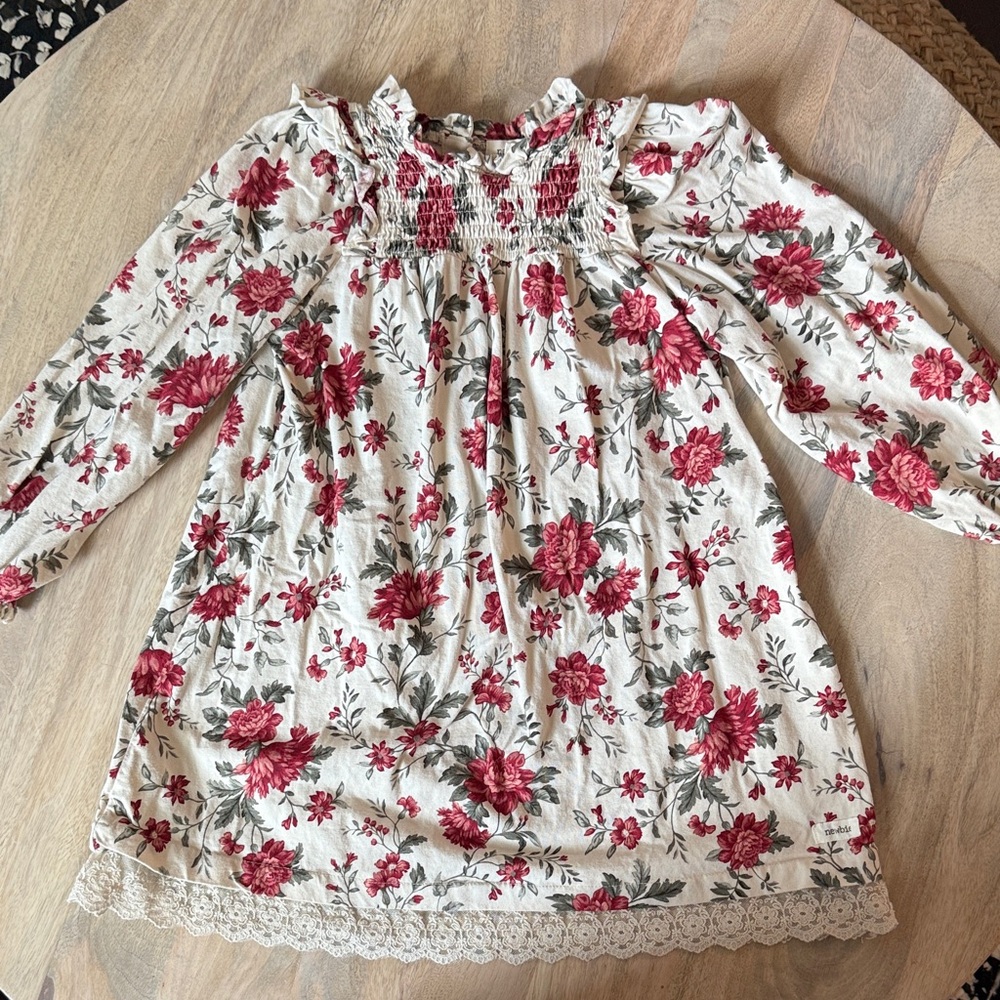 Girls Cream Floral Smocked Dress with Red Rose Print